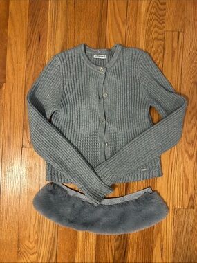 Mayoral Blue Ribbed Button-Front Cardigan Sweater w Removable Fur Collar